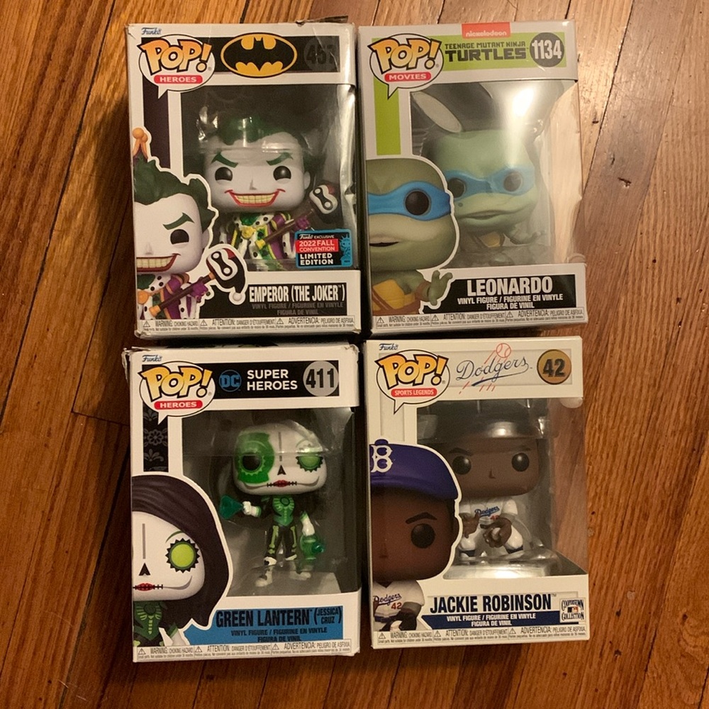 Funko Pop! Emperor Joker 457, TMNT Leonardo 1134, Green Lantern 411, Jackie 42